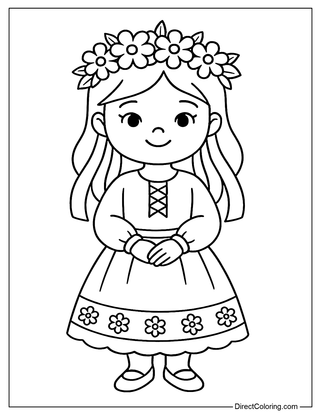 Coloring page of a girl wearing a traditional wreath (vinok), wearing a folk dress.
